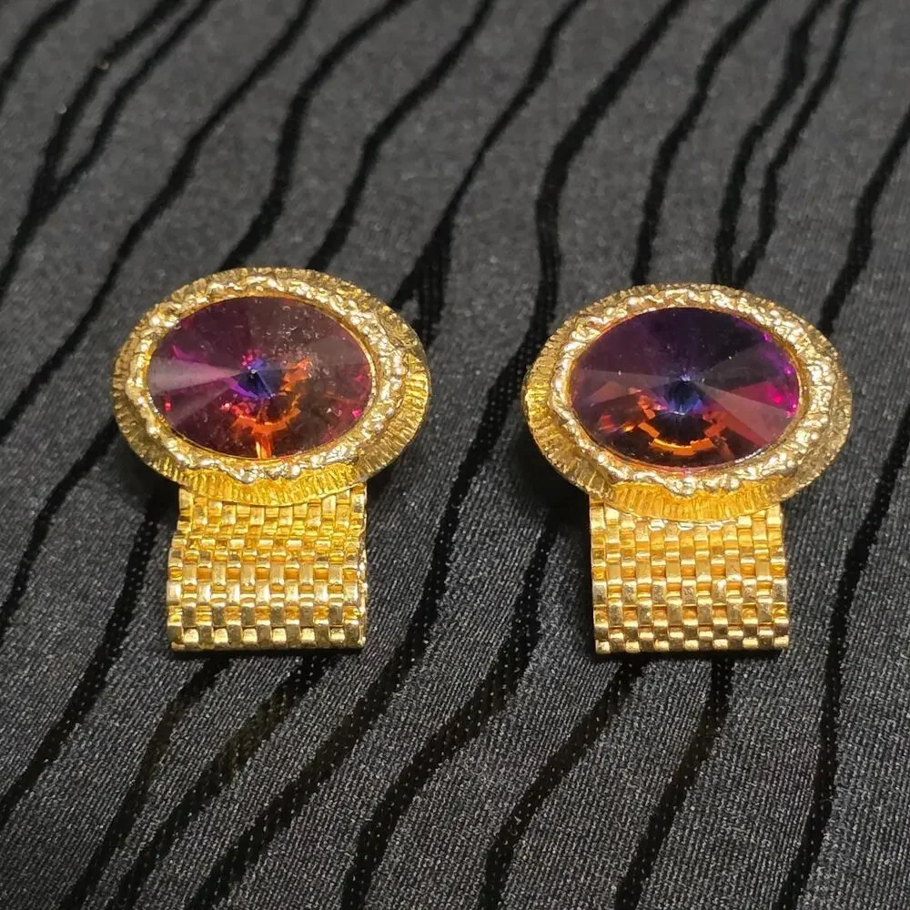 Vintage Omega Gold Tone Mesh Wrap Cufflinks Purple Rivoli Glass Stone Formal Pai